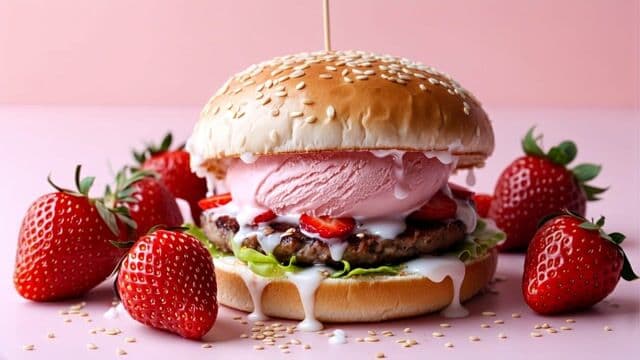 Pink strawberry and cream burger, covered in white glaze sprinkled with seeds, with pink ice cream melting on top of the bun, surrounded by strawberries, on a light pink background, close-up shot, food photography, hyper-realistic, high resolution. Free copy space
The ice cream is melting and dripping down while the camera circle around the burger with focus on the burger itself. 
