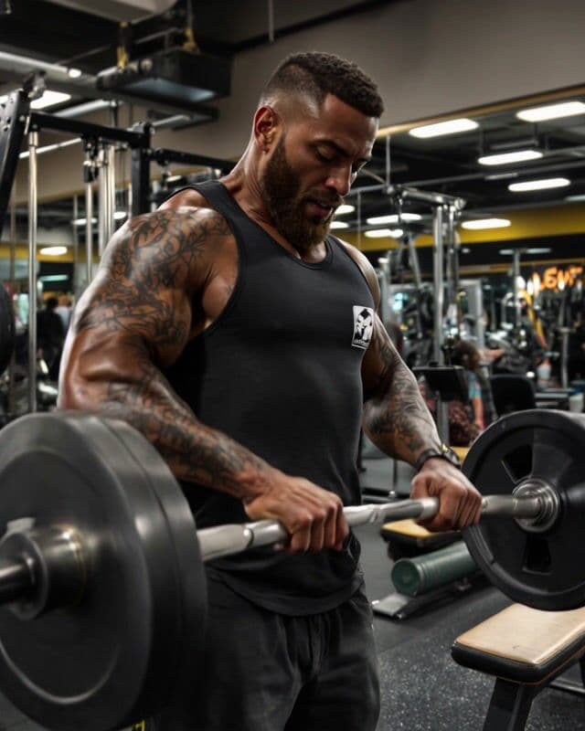 hyper realistic shot of a muscle man with tattoos in a gym lifts a heavy barbell. the face shows strong exertion and starts to sweat. camera circle around the man while zoom in on mans face