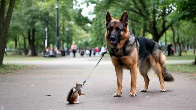 a german shepherd walking a squirrel on a leash through the park