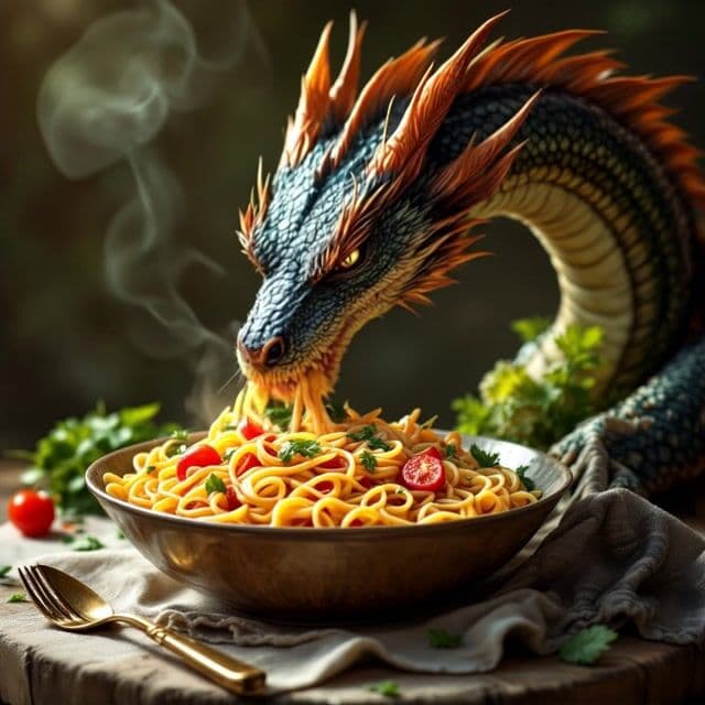 a dragon eating a bowl of pasta