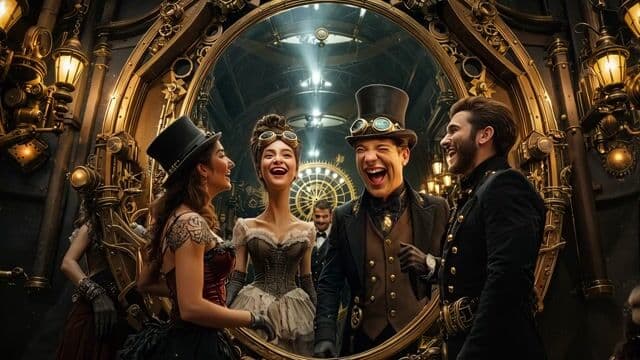 funhouse mirror, the persons are laughing and making fun with the ai steampunk mirror morph machine, they can controll the machines transforming theyr apperance in the mirror, like a tivoli funhouse mirror , but way more advanced, the image in mirror reacts and laugh when the person laugh, they have great fun as they pose and make funny postures and faces, they laugh hysterical.*cinematic, high res, soft light, hdr , 