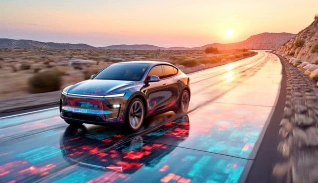 a car driving on a road made of electronic circuit boards.