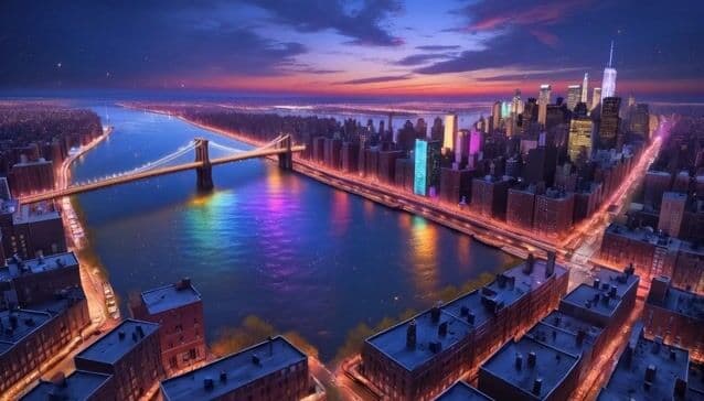 "From a bird's-eye view, the camera glides over Brooklyn as the sunset bathes the skyline in golden-pink hues. The Brooklyn Bridge shimmers in the distance, its lights reflecting over the water. The camera descends, revealing capturing the vibrant, electrified heartbeat of the city."