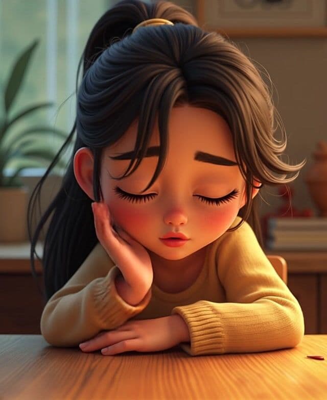 girl sitting on table and fall asleep, close her eyes and head drop onto the table