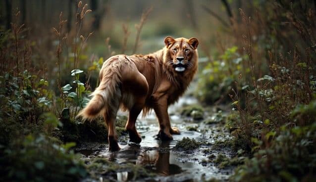 a lion walking through a swamp