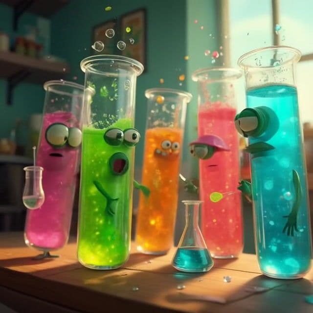 beakers bubbling and eyes blinking as the camera pans