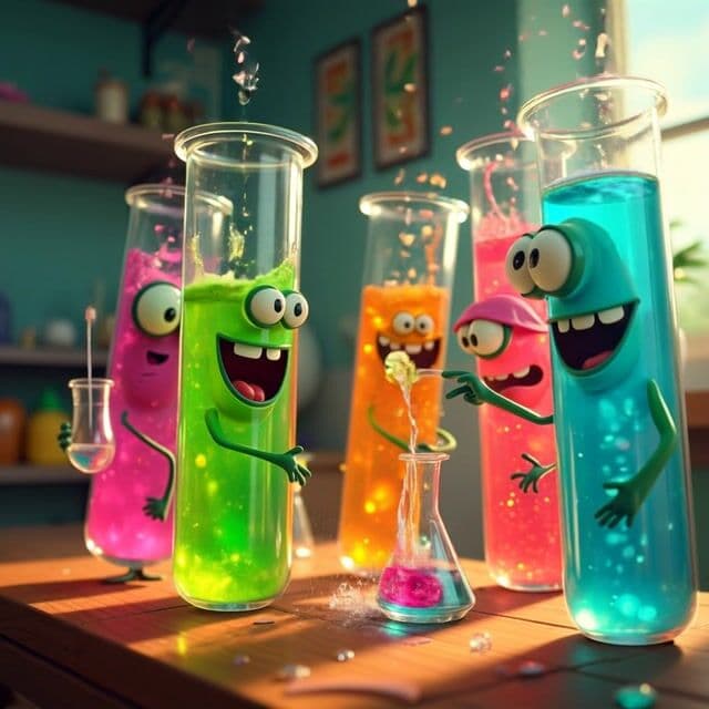 beakers bubbling and eyes blinking as the camera pans