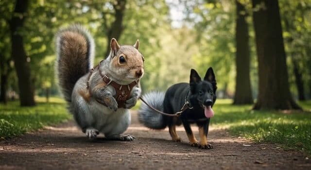 a german shepherd walking a squirrel on a leash