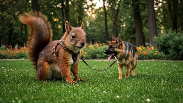 a german shepherd walking a squirrel on a leash through the park 