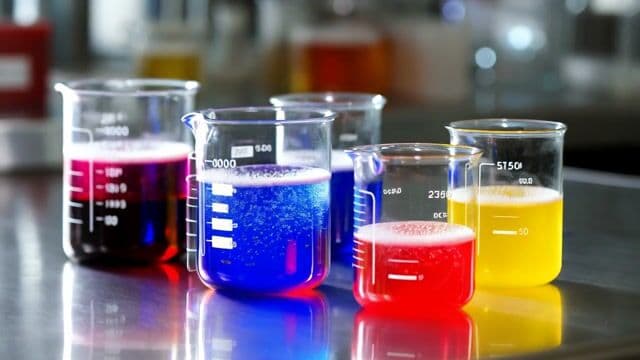 a set of 6 beakers filled with bubbling colorful liquids
