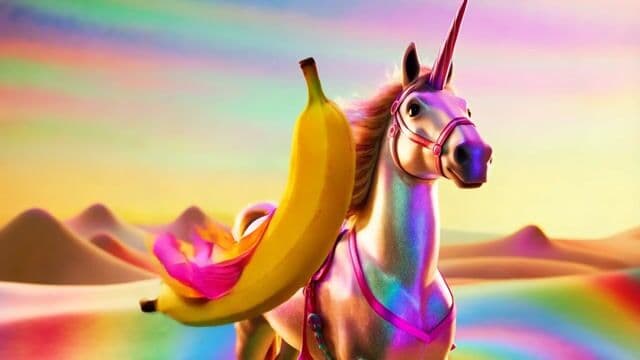 a dancing banana riding a sigma rainbow unicorn 