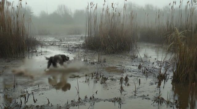 a dog running through a bog