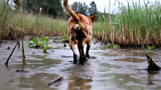 a dog running through a bog