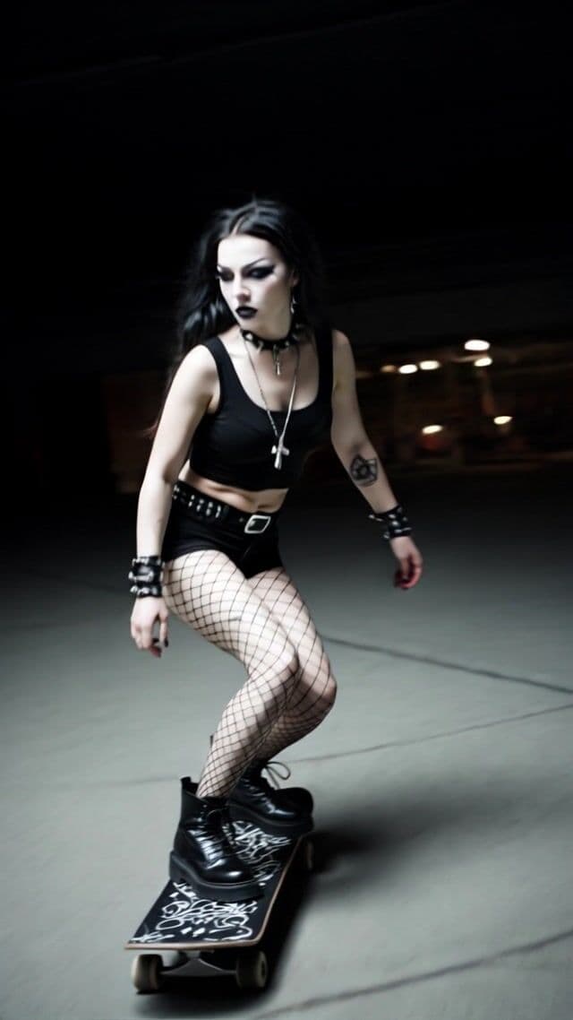 photorealistic gothic skater girl in tight black shorts and black belly free tank top  driving skateboard down the street, gothic style, fishnet pantyhose, gothic makeup - camera is following the skater girl 