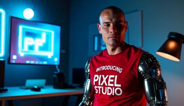 a half robot man looks around the room and smiles