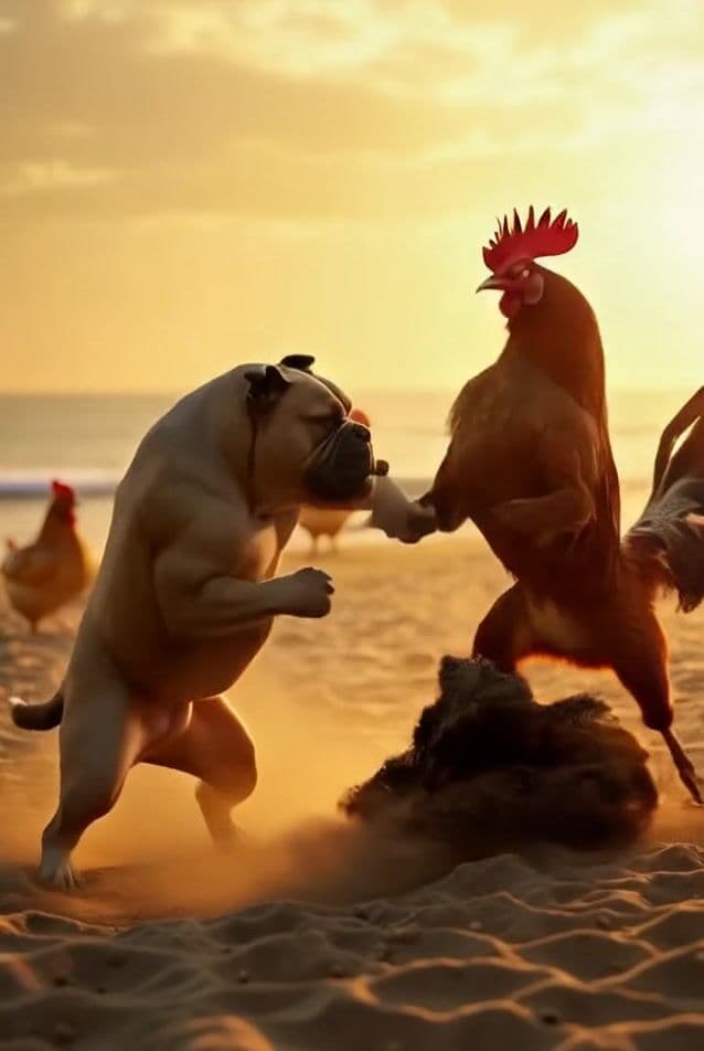 Fight Jackie Chang Kung Fu speedy FIGHT between a determined, muscular bulldog and a fierce, aggressive rooster on a sandy beach at sunset. 