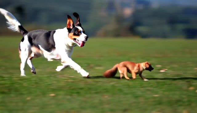 a dog running after a squirrel
