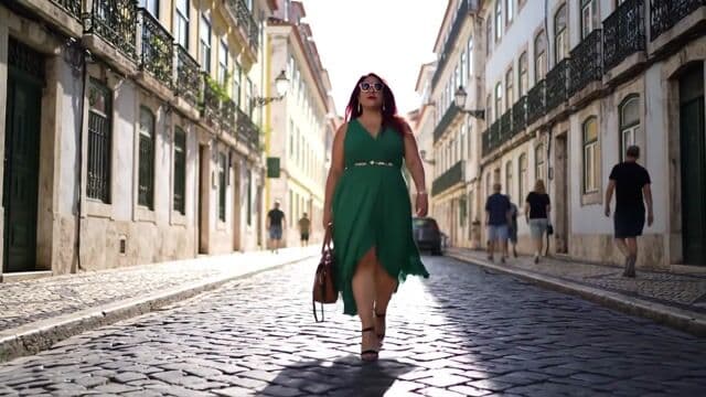 A stylish woman walks through the streets of Lisbon