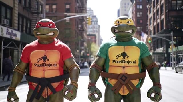 Two Ninja Turtles walking down the street wearing shirts that read PixelDojo.ai