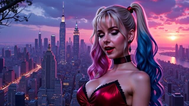VS-LoRA-Zip2, Amazing oil upper portrait of comic character  Harley Quinn,  beautiful face and aura, stunning hero dress, looking at you, perfect centered, amazing sharp view to a cityline on the horizon as background, twilight mood, ultra realistic detail, choker style colar, detailed face, magic fantasy, wow effect, sticker, 2d cute, fantasy, dreamy, by Tim Burton, professional, sleek, modern, minimalist, graphic, line art,