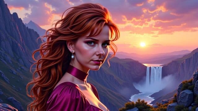 VS-LoRA-Zip2, Amazing oil upper portrait of comic character  Jean Grey,  beautiful face and aura, stunning hero dress, looking at you, perfect centered, amazing sharp view to a landscape with rocks and waterfalls on the horizon as background, twilight mood, ultra realistic detail, choker style colar, detailed face, magic fantasy, wow effect, sticker, 2d cute, fantasy, dreamy, by Tim Burton, professional, sleek, modern, minimalist, graphic, line art,