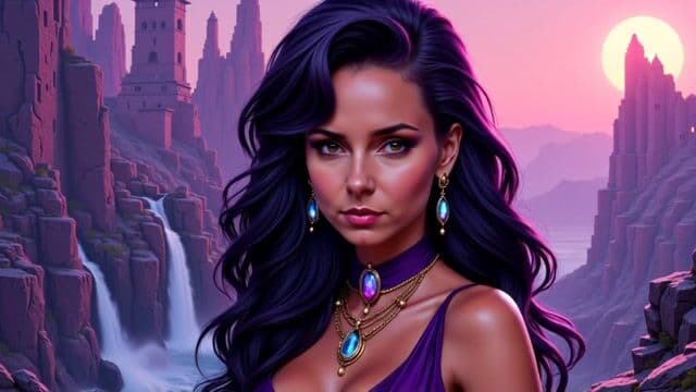 VS-LoRA-Zip2, Amazing oil upper portrait of comic character  Dejah Thoris,  beautiful face and aura, stunning hero dress, looking at you, perfect centered, amazing sharp view to a exotic planet landscape of planetside with rocks and waterfalls and a alien cityscape as background, twilight mood, ultra realistic detail, choker style colar, detailed face, magic fantasy, wow effect, sticker, 2d cute, fantasy, dreamy, by Tim Burton, professional, sleek, modern, minimalist, graphic, line art,