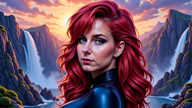 VS-LoRA-Zip2, Amazing oil upper portrait of comic character  Jean Grey,  beautiful face and aura, stunning hero dress, looking at you, perfect centered, amazing sharp view to a landscape with rocks and waterfalls on the horizon as background, twilight mood, ultra realistic detail, choker style colar, detailed face, magic fantasy, wow effect, sticker, 2d cute, fantasy, dreamy, by Tim Burton, professional, sleek, modern, minimalist, graphic, line art,