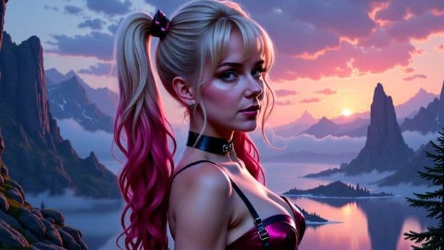 VS-LoRA-Zip2, Amazing oil upper portrait of comic character  Harley Quinn,  beautiful face and aura, stunning hero dress, looking at you, perfect centered, amazing sharp view to a landscape with rocks and waterfalls on the horizon as background, twilight mood, ultra realistic detail, choker style colar, detailed face, magic fantasy, wow effect, sticker, 2d cute, fantasy, dreamy, by Tim Burton, professional, sleek, modern, minimalist, graphic, line art,