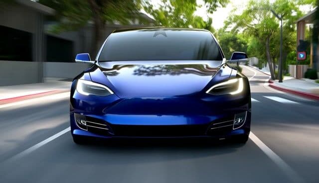 A Tesla Model X transforms into a transformer robot while driving down the street