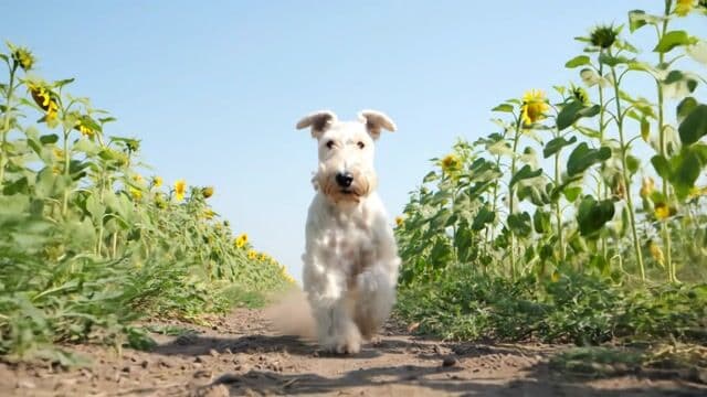 A high-energy pure white Wire Fox Terrier sprinting at full speed through a narrow dirt path surrounded by endless sunflower fields. The dog's **entire body is pure white, from head to paws, with no black or brown markings**. Its wiry fur bounces with every powerful stride, ears flapping slightly in the warm summer breeze, and its sharp eyes remain focused forward.

The golden sunflower fields stretch endlessly on both sides, their bright petals swaying gently in the wind. The sky is a brilliant shade of blue with a few scattered white clouds. As the terrier dashes forward, **small dust particles lift from the dirt road beneath its paws**, enhancing the sense of speed.

📷 **Cinematic Camera Motion**:  
A **low-angle forward-facing tracking shot**, where the camera is positioned slightly ahead of the dog, smoothly moving backward while keeping the dog perfectly centered. The golden sunflowers create a stunning contrast against the dog's pristine white fur, making the scene visually striking.
