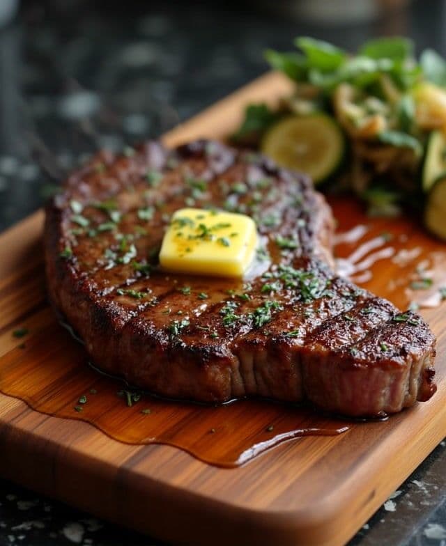 butter slowly slides scross the steak as steam gently rises