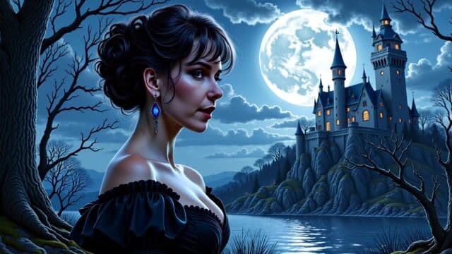 The Woman looks to the viewer smiles shyly as she sings a song, the clouds are moving, 