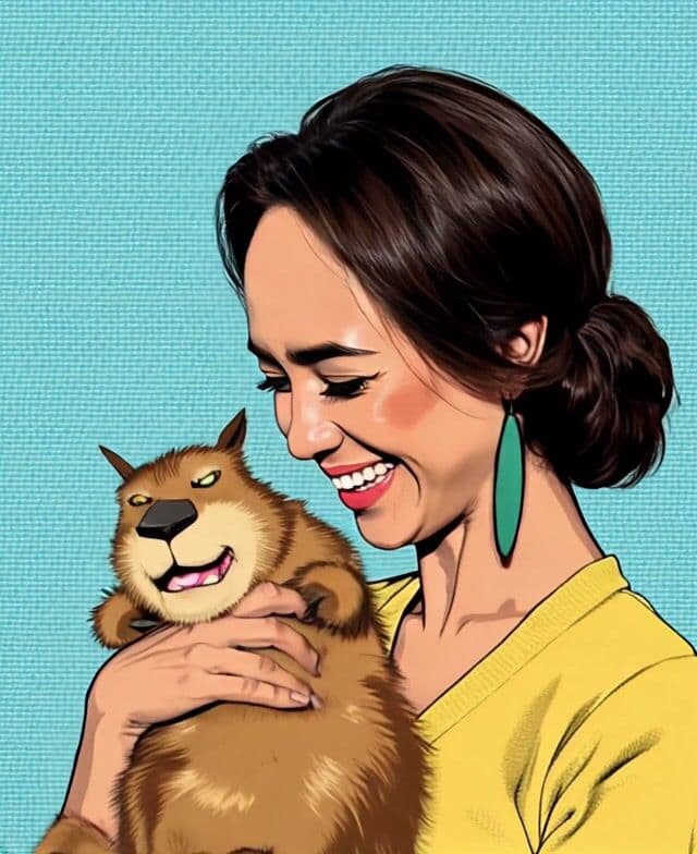 A woman laughs and tickles the Capybara