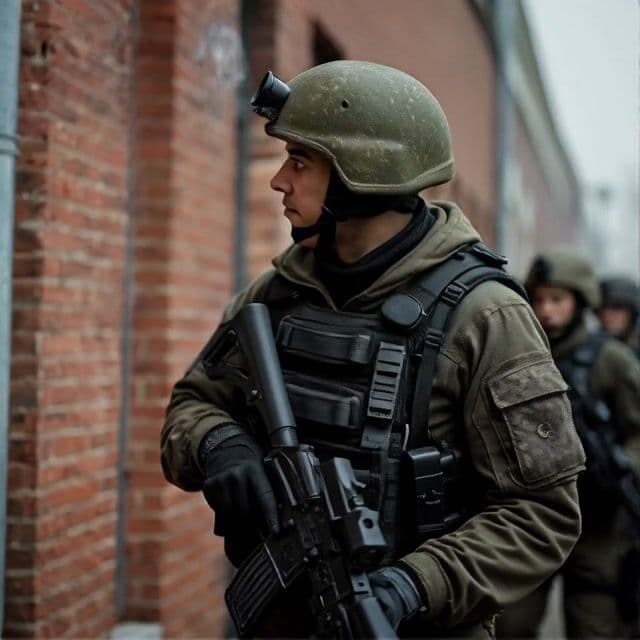 walking on asphalt, gunfire 