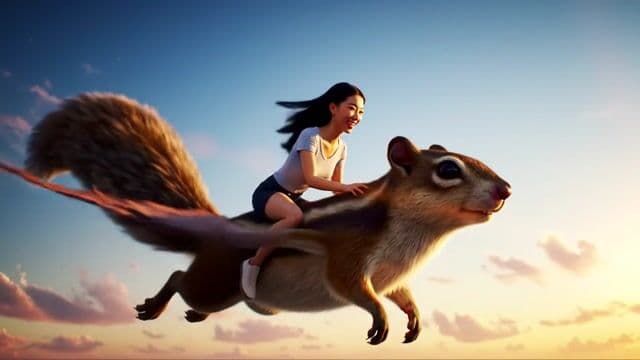A woman flying through the sky on top of a flying squirrel