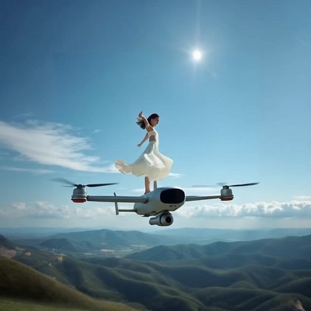 a woman  dancing on a drone as it flys through the sky