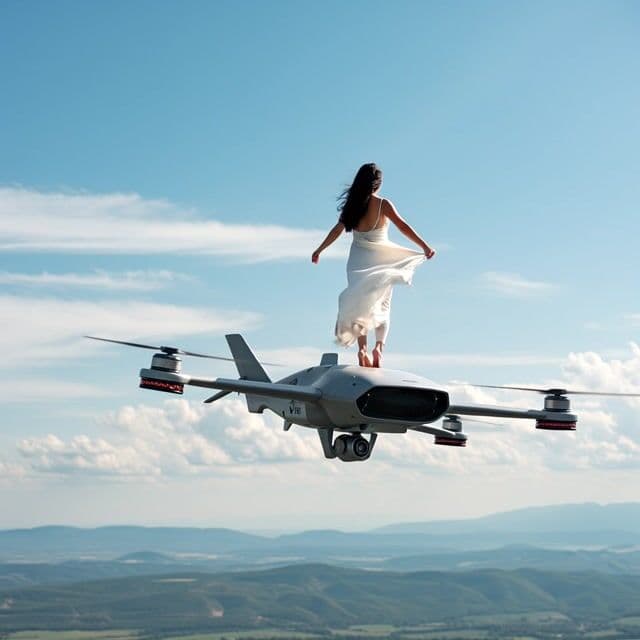 a woman  dancing on a drone as it flys through the sky