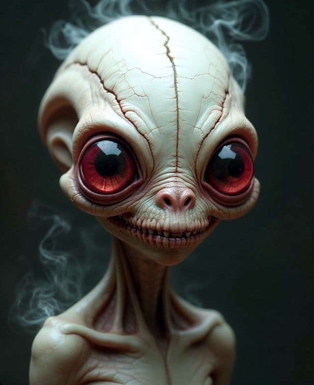 Alien creature with big red eyes turned its head to viewer, open mouth and show his teeth. smoke around the head. Camera slowly zoom in to head close up.