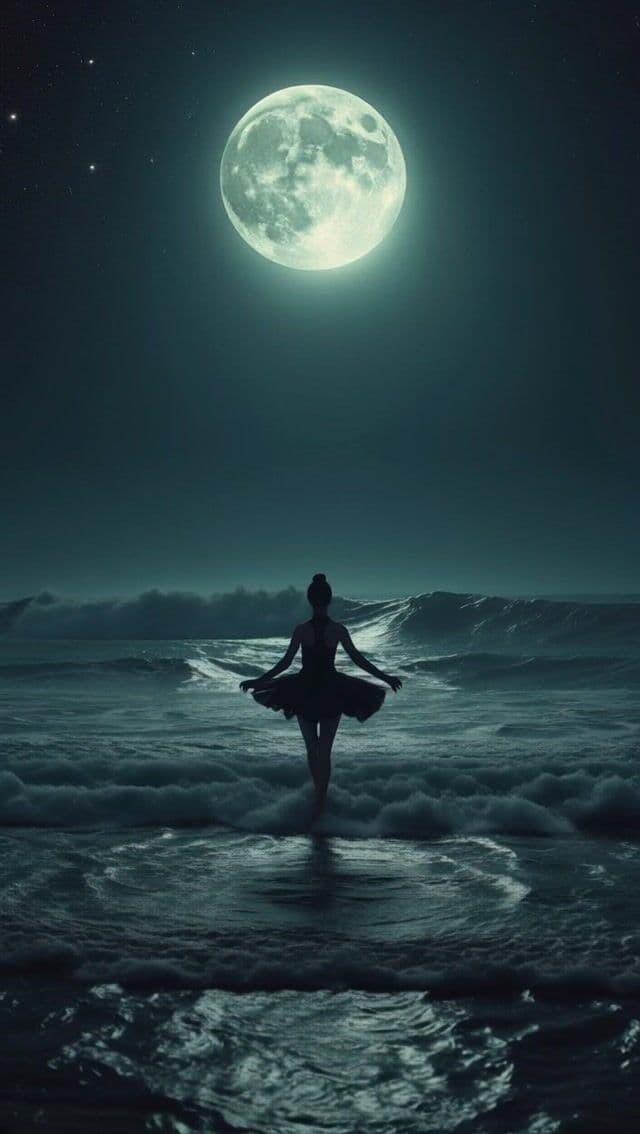 The Earth's oceans display altered tides with unusually large waves, moving irregularly towards the shores. The ocean surface appears dark, subtly reflecting the dim glow of the Moon. A mysterious crack on the Moon emits a soft, eerie light, partially illuminating the Earth. The lunar light is faint, making the turbulent waters appear even darker while subtly reflecting its glow. In the foreground, a ballerina dances gracefully on the shore, her figure appearing as a black silhouette against the glowing lunar light. The background is a deep, dark space with a few bright stars.