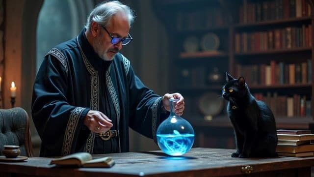A middle-aged magician stands in his chamber at a table where he is experimenting. He is dressed in a black robe with silver trim and wears modern glasses with blue lenses. He holds a glass flask with a blue glowing liquid in his right hand and swivels it in a circular motion. The chamber is full of books and strange artifacts. A black cat sits on the table next to the magician, watching him with glowing yellow eyes.