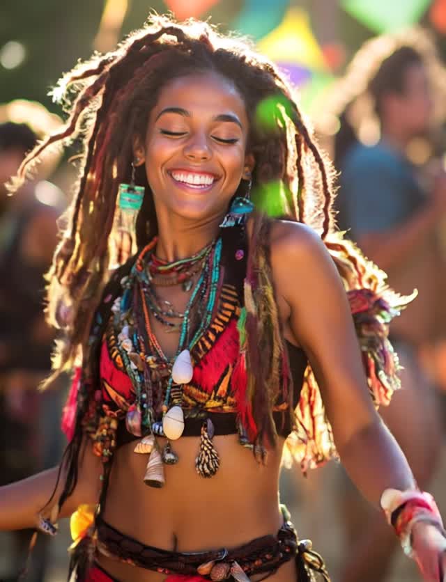 A vibrant portrait of a young woman dancing joyfully at an outdoor festival. She is dressed in a shamanic-inspired outfit with colorful dreadlocks, beads, feathers, and tribal jewelry. Her outfit includes a decorated top with red and black accents, and she wears natural materials like shells and stones. Her expression is radiant, caught mid-laugh with closed eyes, exuding energy and freedom. The background is softly blurred with warm daylight and other festivalgoers, highlighting her movement. The image is sharp and detailed, capturing the spirit of music, celebration, and cultural expression in portrait orientation.