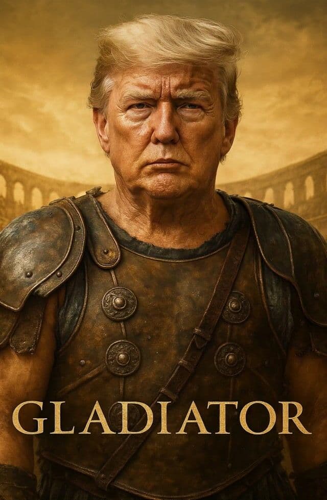 Bring the image to life while camera slowly zoom out and shows the antique Roman Colosseum where the character stand inside, cinematic shot, keep the title fix on screen while the background and character move with the camera view. character raises his arm with a sword in it