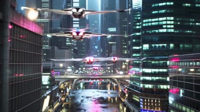 A futuristic cityscape with flying cars and neon lights, cyberpunk aesthetic, cinematic 4K quality