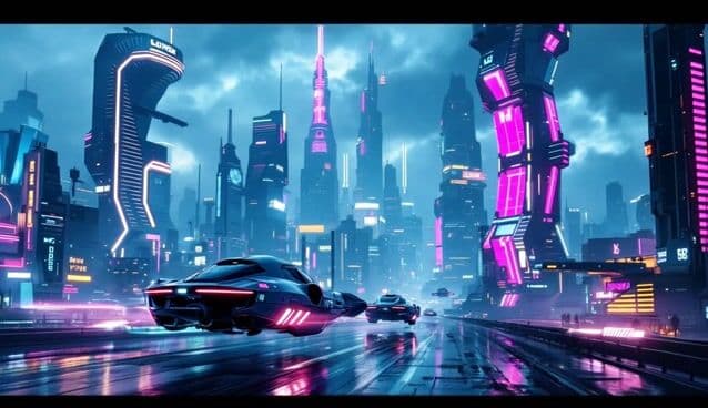 A futuristic cityscape with flying cars and neon lights, cyberpunk aesthetic, cinematic 4K quality