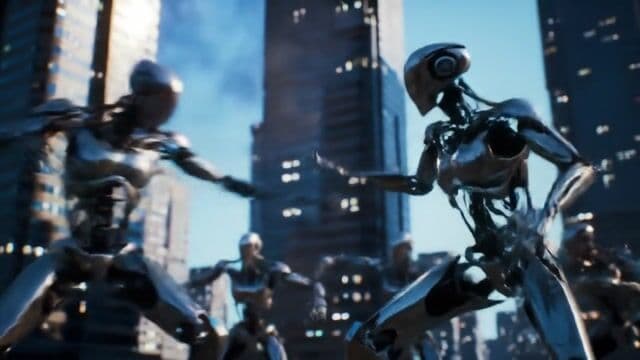 A cinematic action scene with multiple robots in fast paced action