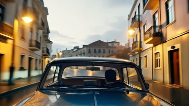 A POV shot from a vintage car driving in the rain, Lisbon at night, cinematic.