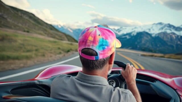 a man driving a red car in the swiss alps, looking to the right and smiling, wearing a hat