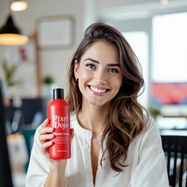 smiling and talking while showcasing the shampoo bottle