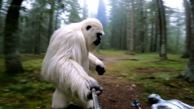Create a realistic, entertaining YouTube vlog video in the style of "Outdoor Boys." The main  character is a large, friendly Yeti with shaggy white fur, walking through a dense, misty forest of  tall pine trees. The ground is covered with leaves and moss, and the light is soft, filtered through  the trees—no snow or mountains, just a wild, natural woodland atmosphere like early morning  in a remote forest.  

 The Yeti is filming himself from behind with his own selfie stick, his big furry hand visible holding  the stick as he quietly approaches a mysterious figure. In a small clearing ahead, an alien lies  asleep on the forest floor, wearing a shiny, skin-tight suit with a zipper. The alien is clutching a  selfie stick with a phone attached at the end, resting beside him. In the background, there’s a  faint hint of smoke rising from a smoldering campfire, and the forest feels quiet and secretive.   As the Yeti creeps closer, he turns his head slightly toward the camera and quickly whispers, in a  playful, excited tone: 

  "Yo guys, I found the alien that stole Bigfoot's selfiestick!   He then tiptoes up to the sleeping alien, gently pulls the selfie stick from the alien’s grasp, and  dashes away through the trees, the camera jostling as he runs. The scene ends with the Yeti’s  laughter echoing through the woods.   

Camera style: POV, selfie stick, over-the-shoulder view of the Yeti, handheld and spontaneous,  natural lighting, authentic vlog feel.   Sounds: Rustling leaves, distant birds, soft footsteps, quiet whisper, sudden laughter, faint  crackling from the campfire. 

  Yeti personality: Humorous, mischievous, bold, likable.   Landscape: Dense pine forest, earthy ground, early morning mist, scattered branches, subtle  campfire smoke.   Props: Selfie stick (Yeti), selfie stick with phone (alien), alien in sleek suit, subtle campfire in the  background.  

 Note: The video should be concise and dynamic, fitting within 8 seconds—focus on the Yeti’s  sneaky approach, quick whisper, the playful theft, and his escape.