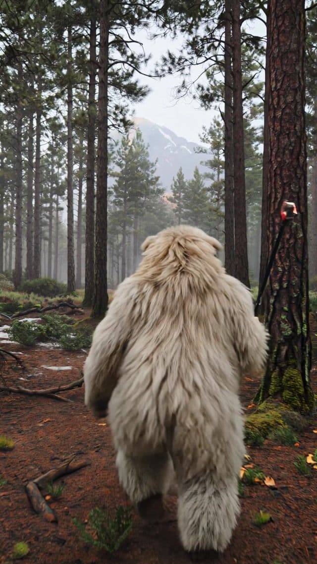 Create a realistic, entertaining YouTube vlog video in the style of "Outdoor Boys." The main  character is a large, friendly Yeti with shaggy white fur, walking through a dense, misty forest of  tall pine trees. The ground is covered with leaves and moss, and the light is soft, filtered through  the trees—no snow or mountains, just a wild, natural woodland atmosphere like early morning  in a remote forest.  

 The Yeti is filming himself from behind with his own selfie stick, his big furry hand visible holding  the stick as he quietly approaches a mysterious figure. In a small clearing ahead, an alien lies  asleep on the forest floor, wearing a shiny, skin-tight suit with a zipper. The alien is clutching a  selfie stick with a phone attached at the end, resting beside him. In the background, there’s a  faint hint of smoke rising from a smoldering campfire, and the forest feels quiet and secretive.   As the Yeti creeps closer, he turns his head slightly toward the camera and quickly whispers, in a  playful, excited tone: 

  "Yo guys, I found the alien that stole Bigfoot's selfiestick!   He then tiptoes up to the sleeping alien, gently pulls the selfie stick from the alien’s grasp, and  dashes away through the trees, the camera jostling as he runs. The scene ends with the Yeti’s  laughter echoing through the woods.   

Camera style: POV, selfie stick, over-the-shoulder view of the Yeti, handheld and spontaneous,  natural lighting, authentic vlog feel.   Sounds: Rustling leaves, distant birds, soft footsteps, quiet whisper, sudden laughter, faint  crackling from the campfire. 

  Yeti personality: Humorous, mischievous, bold, likable.   Landscape: Dense pine forest, earthy ground, early morning mist, scattered branches, subtle  campfire smoke.   Props: Selfie stick (Yeti), selfie stick with phone (alien), alien in sleek suit, subtle campfire in the  background.  

 Note: The video should be concise and dynamic, fitting within 8 seconds—focus on the Yeti’s  sneaky approach, quick whisper, the playful theft, and his escape.